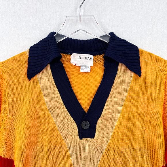 VINTAGE 70s Rainbow Sweater Mens Long Sleeve Polo California Dreamin COLLEGE MAN - Picture 8 of 16